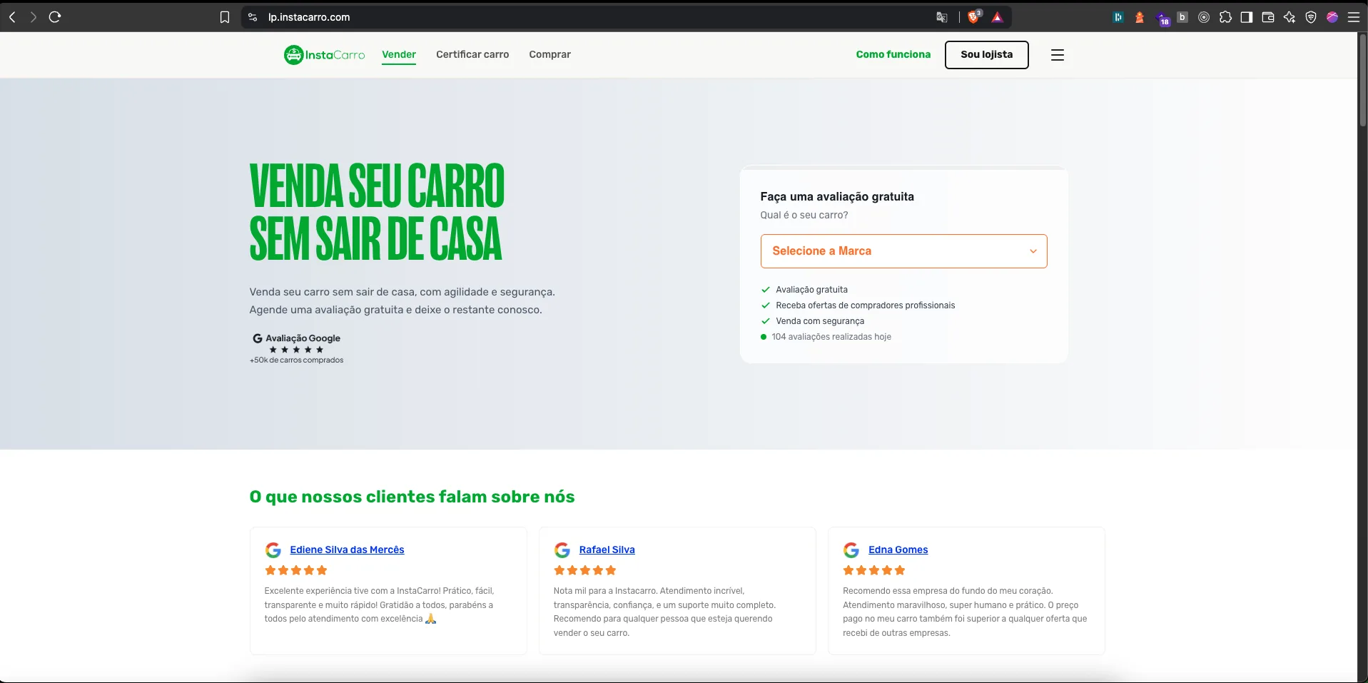 InstaCarro landing page for selling cars online