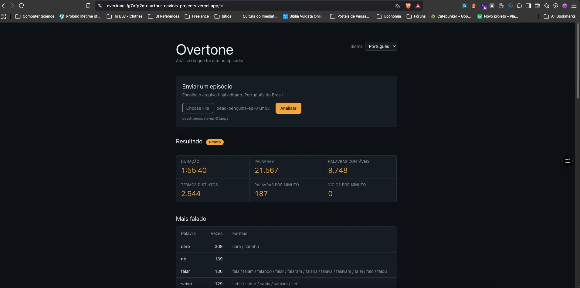 Overtone episode results with word counts and top terms
